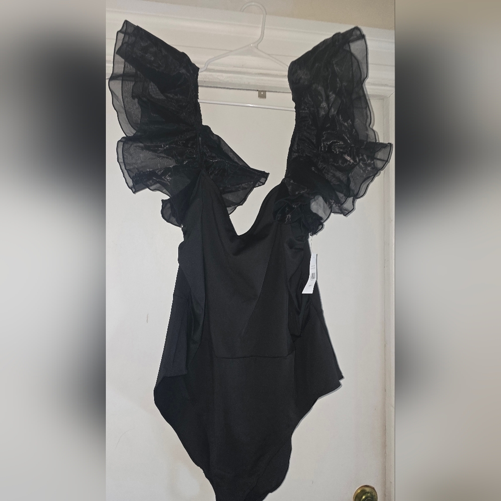 Black Ruffle Strap One-Piece Bodysuit
